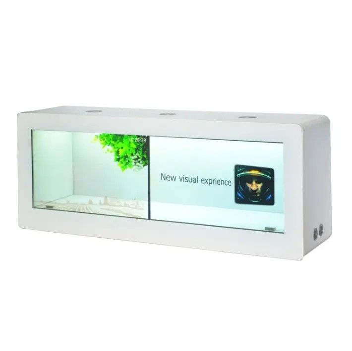 55 inch transparant lcd vitrine met capacitieve touch en 1x2 splitsing wall lcd display kast